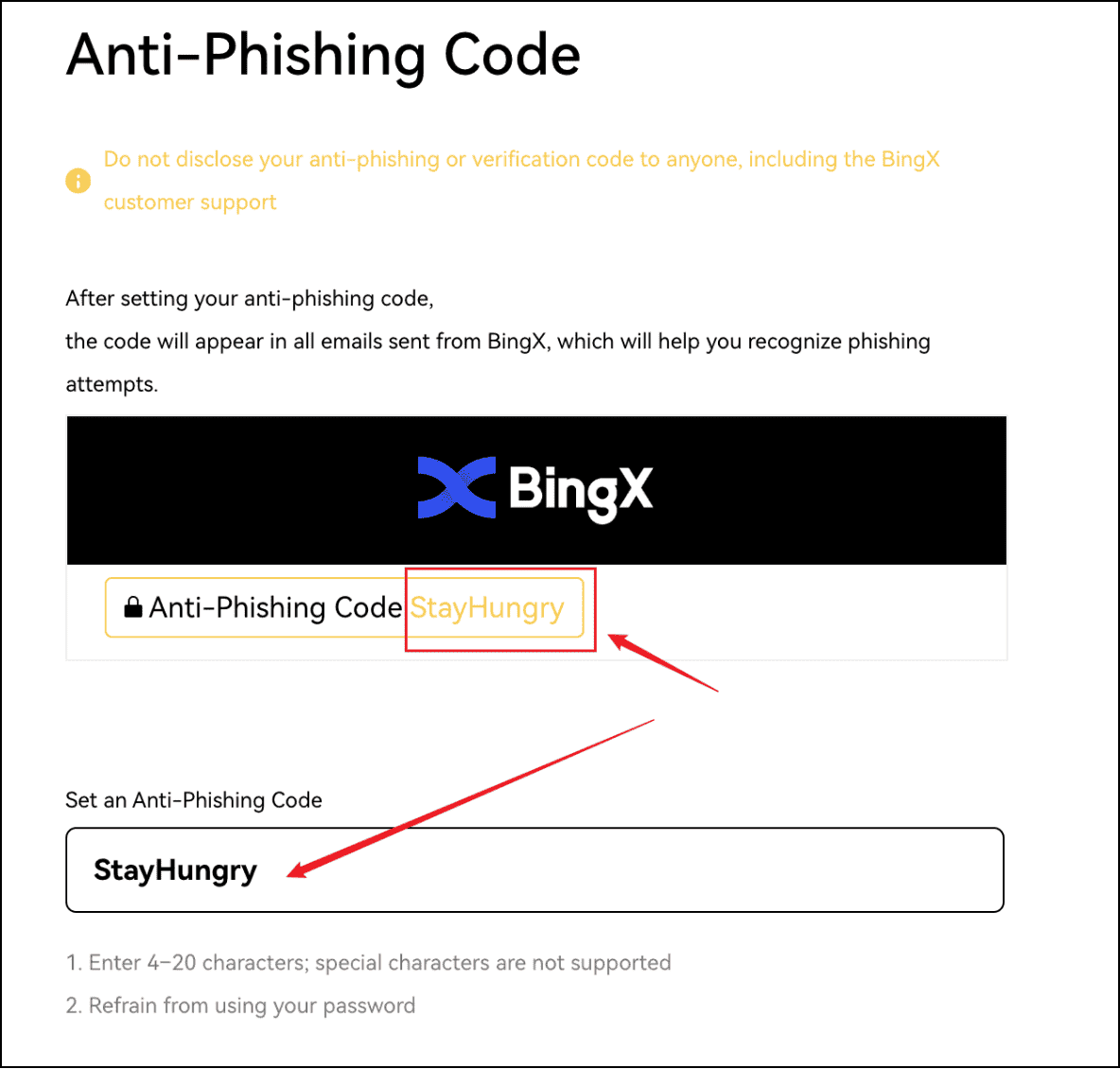 Mã chống phishing BingX