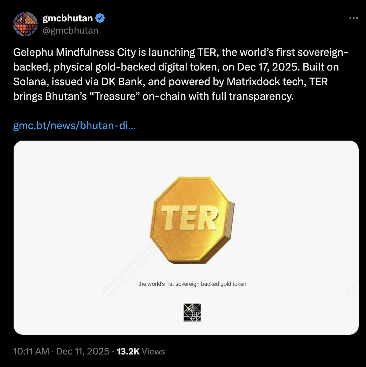 Bhutan Launches Solana-Based Sovereign Gold Token TER Through Gelephu  Mindfulness City