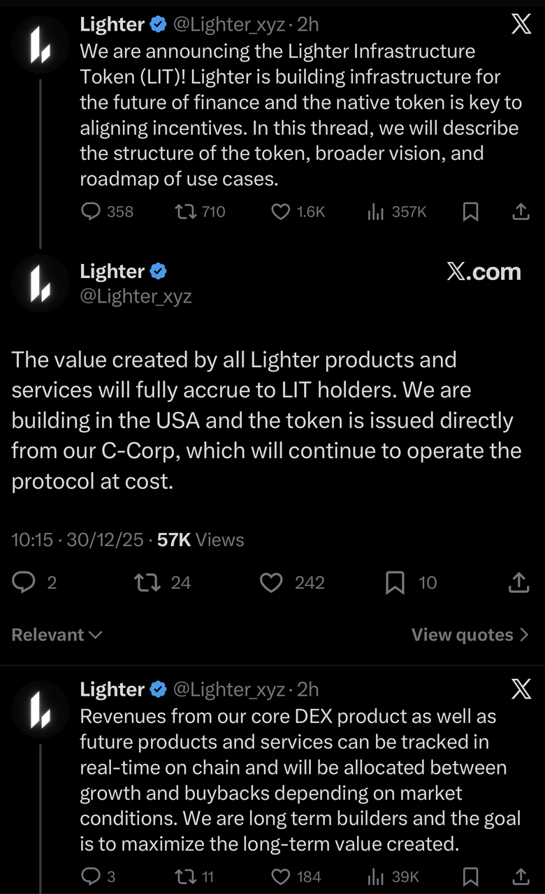 Lighter Announces LIT TGE on December 30, Tokenomics Reveals 25% Airdrop,  50% Community Allocation & No Vesting