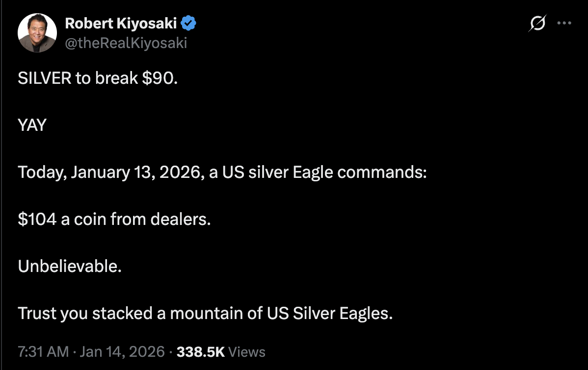 El precio de la plata se dispara a 95 dólares: ¿es viable el objetivo de  200 dólares de Robert Kiyosaki en 2026?