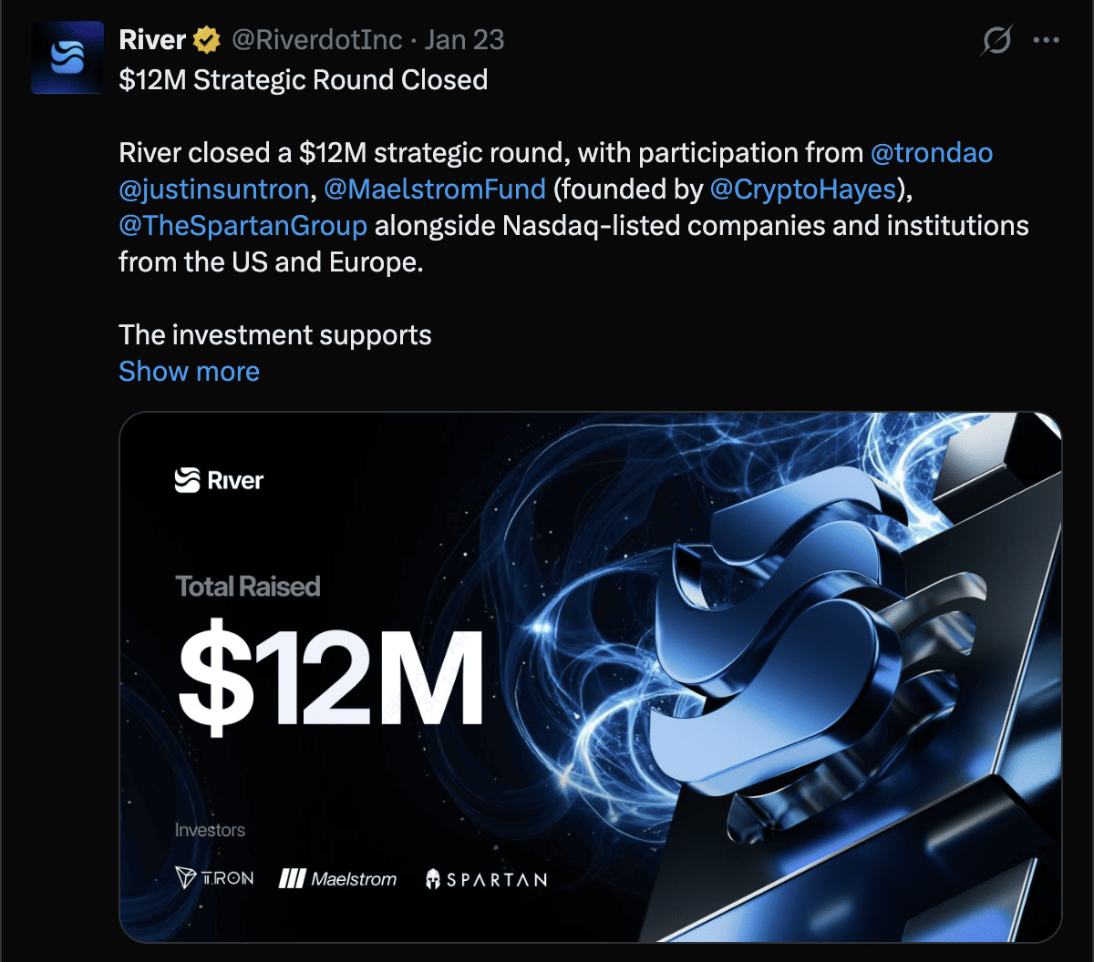 River（RIVER）暴漲近1,200%，一度按市值躋身前100 代幣